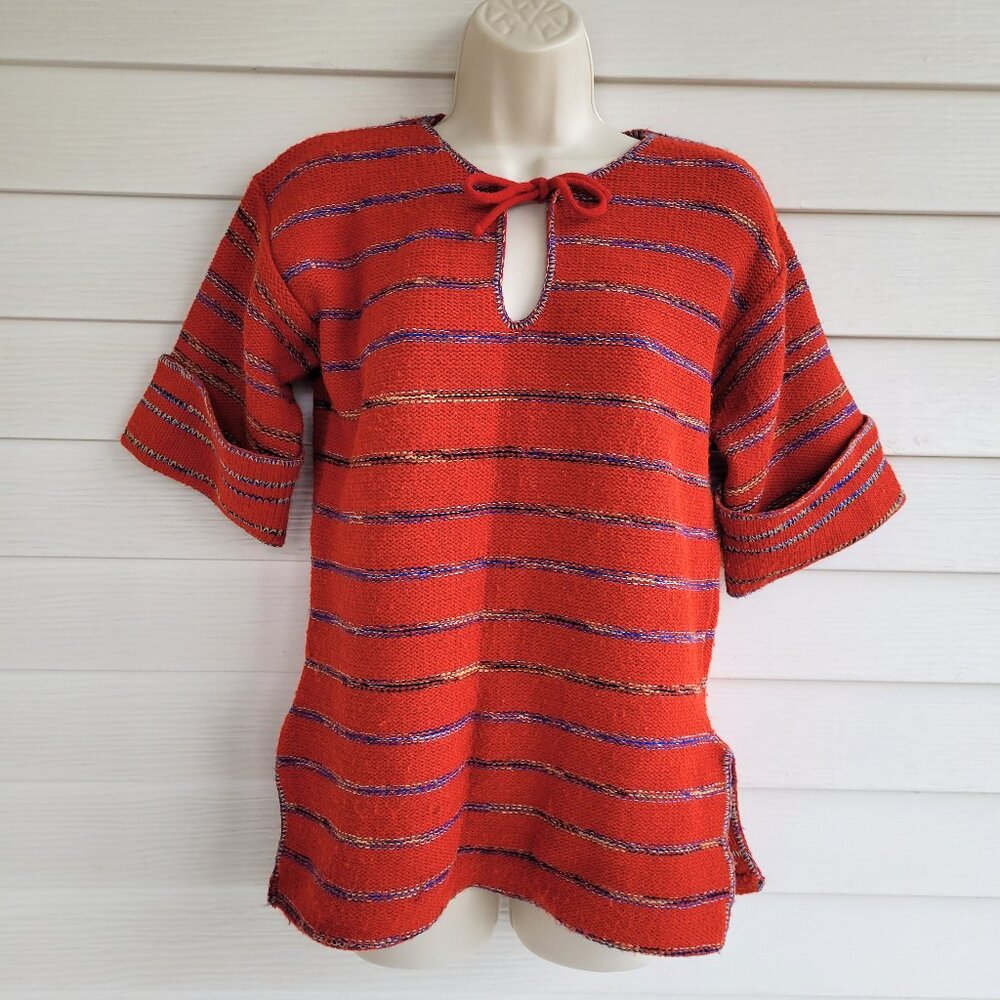 Vintage 70s Union Made red wool blend tunic style short sleeve sweater